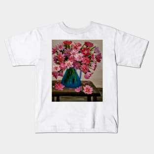 Abstract red and pink flowers im a metallic blue jug vase . On a table Kids T-Shirt